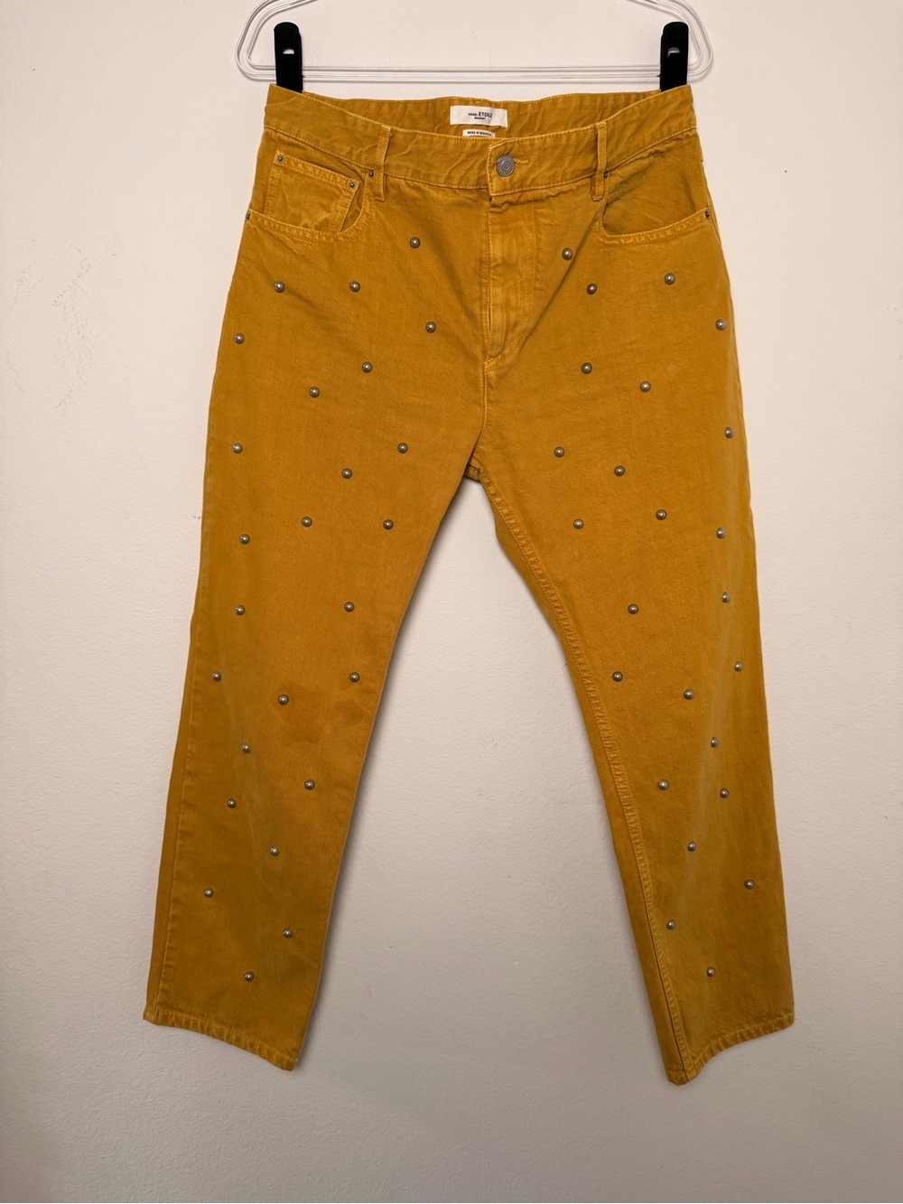 Isabel Marant Etoile Studded Mustard Yellow Straight Leg Denim Jeans Pants